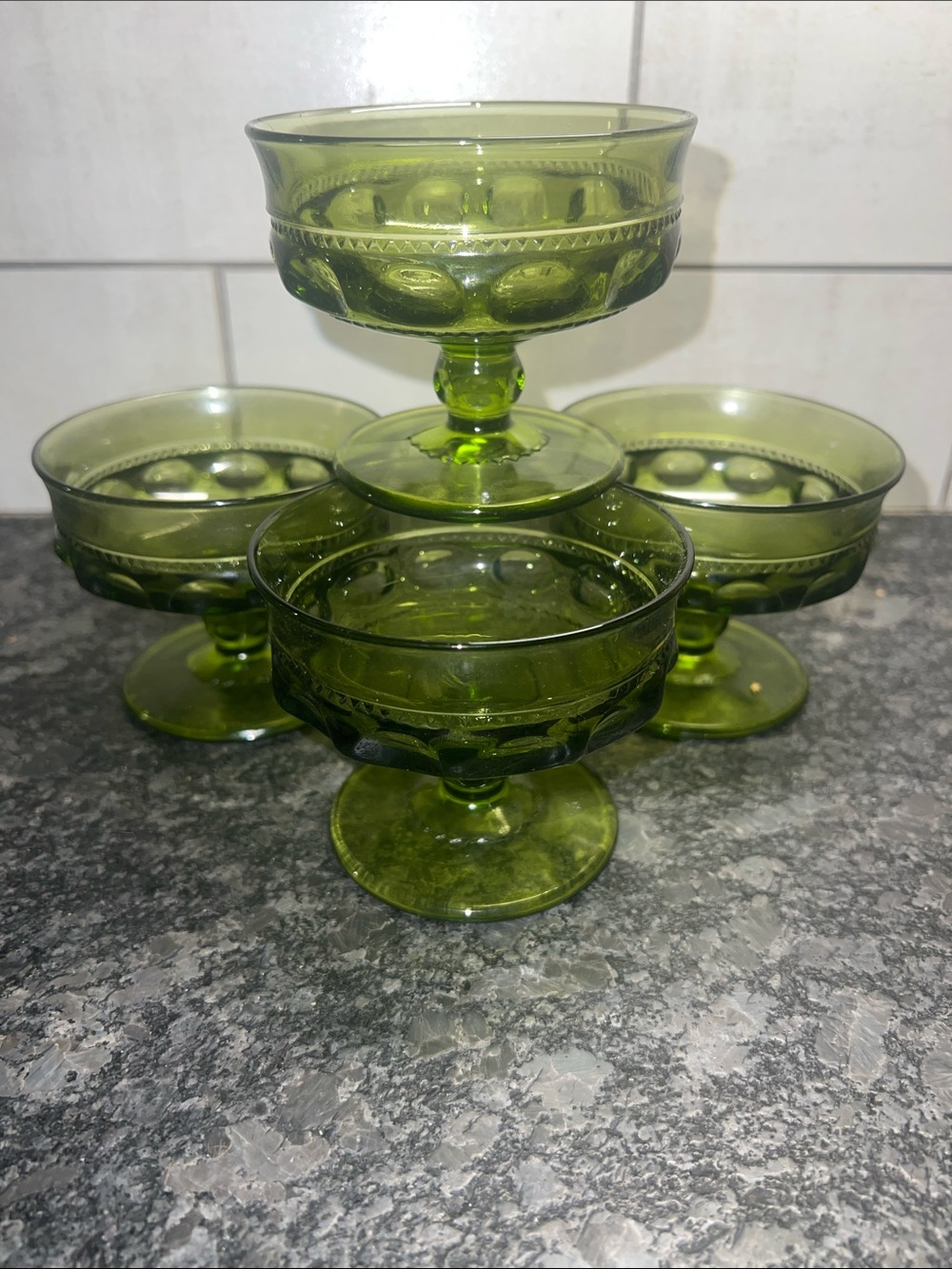Indiana Glass Avocado Green Thumbprint Glass Compote Dessert Coupes - Set of 4